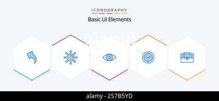 Grundlegende UI-Elemente 25 blaues Symbolpaket inkl. Tasche. Zeitschaltuhr. Anw. Zeit. Mobil Stock Vektor