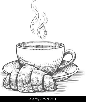 Gravur für Croissants und Kaffeetassen Stock Vektor