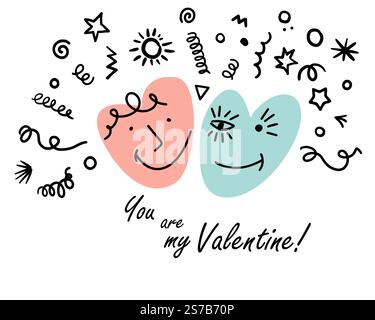 Du bist mein Valentinstag. Zwei glückliche Herzen. Happy Valentine's Day Card. Handgezeichnet. Nicht AI, Vektorillustration. Stock Vektor