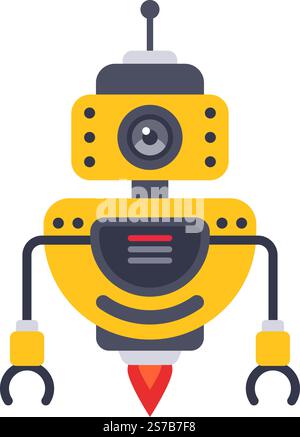 Gelb-grau freundlicher Roboter mit Kamera und Klauenarmen, fliegt und schwebt mit Raketenverstärkern, verkörpert das Konzept der künstlichen Intelligenz Stock Vektor