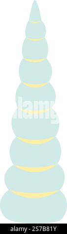 Minimalistische Vektor-Illustration einer hellblauen langgezogenen Muschel, die aufrecht auf einem weißen Hintergrund steht und ein Gefühl der Ruhe und der Küste weckt Stock Vektor