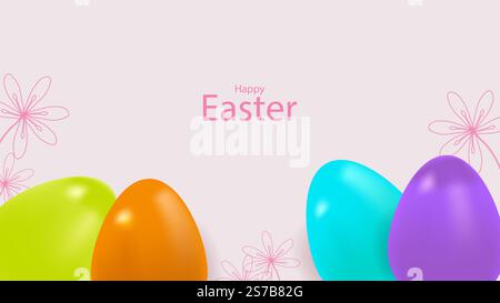 Happy easter 3D farbenfrohe Eier Banner Design. Blumenmuster. Für Social Media Web Packaging und Werbung. Vorlage Postkarteneinladungsposter. Vektorabbildung. Stock Vektor
