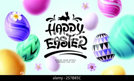 Clipart-Design für den Gruß „Happy easter“. Happy easter Typografie Text mit gedruckten bunten ostereiern Clipart auf verschwommenem weißem Hintergrund. Vektor Stock Vektor