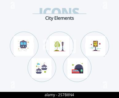 City Elements Flat Icon Pack 5 Icon Design. Stift. Ziel. Trainieren. Stadt. Stadtbild Stock Vektor