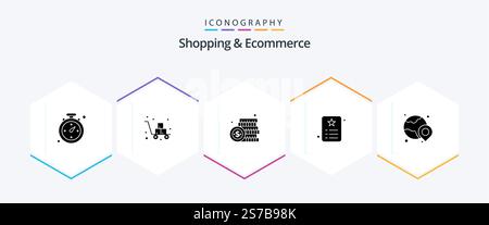 Shopping und E-Commerce 25 Glyph Icon Pack inklusive Identität. ausweis. Münze. ID. Bezahlung Stock Vektor