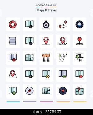 Creative Maps & Travel – Symbolpaket mit 25 Zeilen, z. B. Karte. Reisen. Stift. Karte. Wasser Stock Vektor
