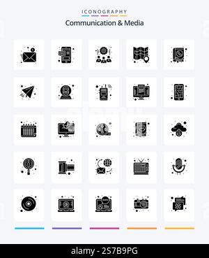 Creative Communication und Media 25 Glyph Solid Black Symbolpaket wie ein Buch. Stift. Zahnrad. Klebrig. Standort Stock Vektor