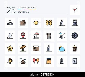Urlaubspaket mit 25 Reihen, mit Ikonen, einschließlich Strand. Creme. Strand. Strand. Fuß Stock Vektor