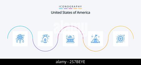 Usa Blue 5 Icon Pack Mit . Stern. Trommel. Polizei! Camping Stock Vektor