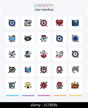 Kreative Benutzeroberfläche mit 25 Zeilen und Symbolen, z. B. Wetter. bewölkt. Gesundheit. Wolke. Komponieren Stock Vektor