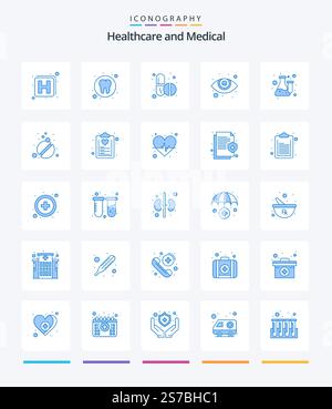 Creative Medical 25 Blue Icon Pack wie Labor. Flasche. Pillen. Chemie. Sehvermögen Stock Vektor