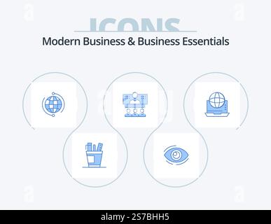 Modernes Business Und Business Essentials Blue Icon Pack 5 Icon Design. Verbindung. Geschäftlich. Suchen. Globus. Siehe Stock Vektor