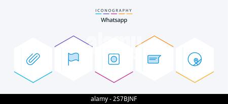 WhatsApp 25 Blue Icon Pack inklusive Karte. Karte. Browser. Einfach. Chatten Stock Vektor