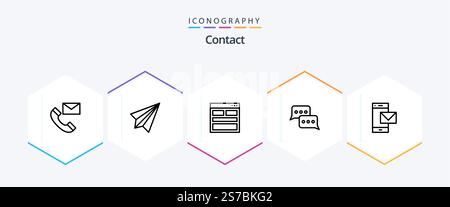 Kontakt 25 Zeile Symbolpaket einschließlich Gespräch. Blase. Empfangen. Info. Kontaktieren Sie uns Stock Vektor