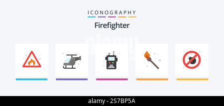 Firefighter Flat 5 Icon Pack inklusive Platz. Feuer! Polizeifunk. Übereinstimmung. Camping. Kreatives Symboldesign Stock Vektor