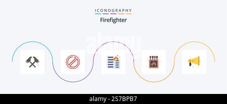 Firefighter Flat 5 Icon Pack mit Megafon. Feld. Feuer! Übereinstimmung. Camping Stock Vektor