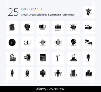 Smart Urban Solutions und Wearable Technology 25 Solid Glyph Icon Pack inklusive Energie. Solarenergie. Satellit. Technologie. Achse Stock Vektor