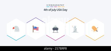 USA 25 Flat Icon-Pack mit Eiscreme. Statue. Grillspezialitäten. Von. Orientierungspunkte Stock Vektor