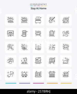 Kreatives Stay At Home 25-Outline-Icon-Pack wie Kleidung. Musik. Unterhaltung. Gerät. Sehen Sie Stock Vektor