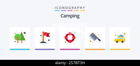 Camping Flat 5 Icon Pack Mit . Reisen. Sicherheit. Auto. Messer. Kreatives Symboldesign Stock Vektor