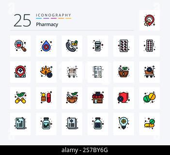 Apotheke mit 25 Zeilen gefülltes Symbolpaket einschließlich Pillen. Kapsel. Kontakt. Pillen. Medizin Stock Vektor