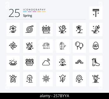 Spring 25 Line Symbolpaket mit Feder. Die Natur. Wachstum. Blume. Flora Stock Vektor