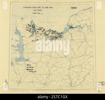 [10. Juni 1944], HQ Twelfth Army Group Lageplan. 1944 von alliierten Streitkräften. Armeegruppe 12. Engineer Section., Usa. Armee. Armeegruppe 1. Hauptsitz. Stockfoto