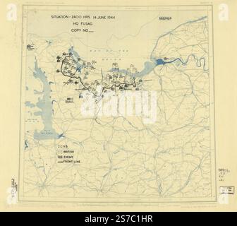 [14. Juni 1944], Lageplan der 12. Armeegruppe des Hauptquartiers. 1944 von alliierten Streitkräften. Armeegruppe 12. Engineer Section., Usa. Armee. Armeegruppe 1. Hauptsitz. Stockfoto