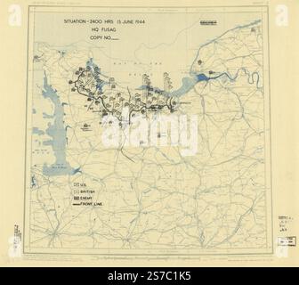 [15. Juni 1944], HQ Twelfth Army Group Lageplan. 1944 von alliierten Streitkräften. Armeegruppe 12. Engineer Section., Usa. Armee. Armeegruppe 1. Hauptsitz. Stockfoto