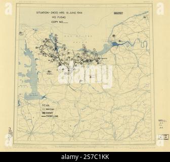 [16. Juni 1944], Lageplan der 12. Armeegruppe des Hauptquartiers. 1944 von alliierten Streitkräften. Armeegruppe 12. Engineer Section., Usa. Armee. Armeegruppe 1. Hauptsitz. Stockfoto