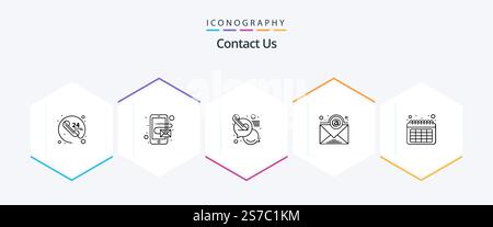 Kontaktieren Sie uns 25 Line Symbolpaket mit . Datum. Chatten. Kalender. newsletter Stock Vektor