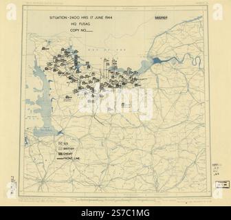 [17. Juni 1944], HQ Twelfth Army Group Lageplan. 1944 von alliierten Streitkräften. Armeegruppe 12. Engineer Section., Usa. Armee. Armeegruppe 1. Hauptsitz. Stockfoto