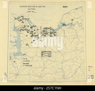 [22. Juni 1944], HQ Twelfth Army Group Lageplan. 1944 von alliierten Streitkräften. Armeegruppe 12. Engineer Section., Usa. Armee. Armeegruppe 1. Hauptsitz. Stockfoto
