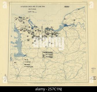 [23. Juni 1944], Lageplan der 12. Armeegruppe des Hauptquartiers. 1944 von alliierten Streitkräften. Armeegruppe 12. Engineer Section., Usa. Armee. Armeegruppe 1. Hauptsitz. Stockfoto