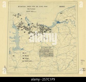[28. Juni 1944], HQ Twelfth Army Group Lageplan. 1944 von alliierten Streitkräften. Armeegruppe 12. Engineer Section., Usa. Armee. Armeegruppe 1. Hauptsitz. Stockfoto