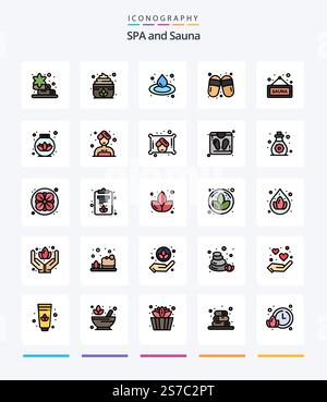 Creative Sauna mit 25 Reihen und Ikonensatz wie Lotus. unterschreiben Sie. Sauna. Sauna. Hausschuhe Stock Vektor