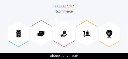 E-Commerce 25 Glyph-Symbolpaket inklusive Angebot. Gerätewagen. Die Hand. Einkaufen. e-commerce Stock Vektor