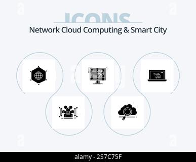 Network Cloud Computing Und Smart City Glyph Icon Pack 5 Icon Design. Inhalt. Geschäftlich. Technologie. Verbindung. Global Stock Vektor