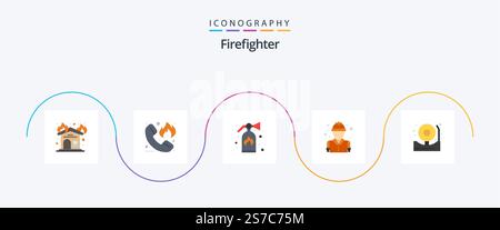 Firefighter Flat 5 Icon Pack mit Alarm. Feuerwehrmann. Hotline. feuerwehrmann. Kämpfer Stock Vektor