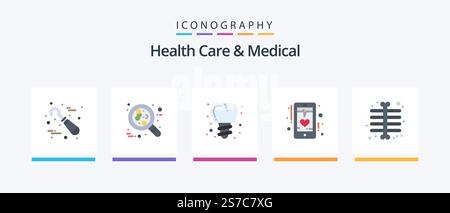 Health Care and Medical Flat 5 Icon Pack mit Brust. Mobil. Rot. Das Herz. Schlag. Kreatives Symboldesign Stock Vektor