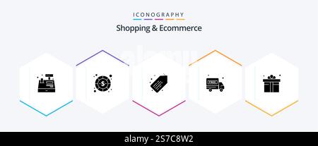 Shopping und E-Commerce 25-Glyph-Icon-Paket einschließlich Einzelhandel. Feld. Bezahlung. Paket kostenlos. Lieferwagen Stock Vektor