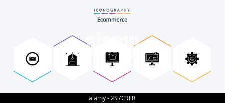 E-Commerce 25 Glyph-Symbolpaket einschließlich Warenkorb. e-commerce. Bekleidung. Überwachen. E Stock Vektor