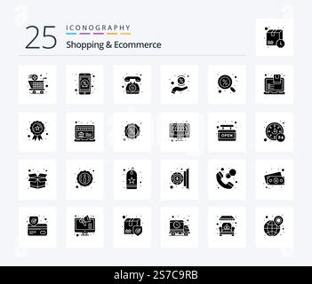 Shopping und E-Commerce 25 Solid Glyph Icon Pack inklusive Find. Rabatt. Telefon. Prozentsatz. Die Hand Stock Vektor