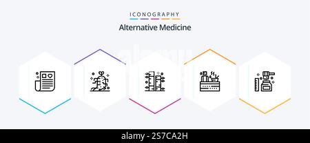 25-Line-Symbolpaket für alternative Medizin mit Honig. Wellness. Bambus. Spa. Heiß Stock Vektor