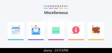 Miscellaneous Flat 5 Icon Pack mit reduziertem Guthaben. Bargeld. Informationen. Ungefähr. Kreatives Symboldesign Stock Vektor