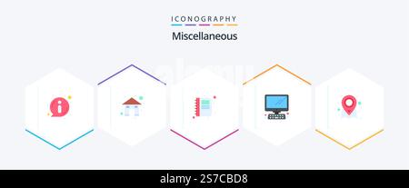 Verschiedene flache 25-Symbolpakete mit Karte. Kontakt. stk. Computer Stock Vektor
