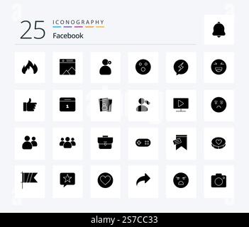 Facebook 25 Solid Glyph-Symbolpaket einschließlich sms. Spiel. Mann! Sport. Golfball Stock Vektor