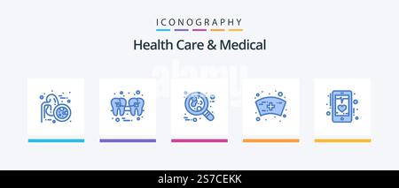Health Care und Medical Blue 5 Icon Pack mit Beat. Medizinisch. Draht. Kap. Leukämie. Kreatives Symboldesign Stock Vektor