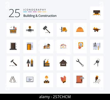 Building and Construction 25 flache Farbsymbole, einschließlich Legal. Hammer. Baugewerbe. Hammer. Auktion Stock Vektor