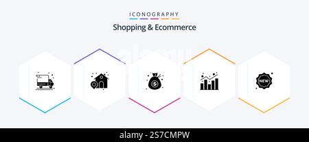 Shopping und E-Commerce 25-Glyph-Icon-Paket inklusive neu. Dienstmarke. Dollar. Statistik. Bericht Stock Vektor